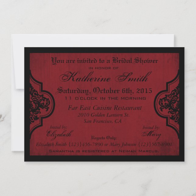 Goth Red Damask Grunge Bridal Shower Invitation (Back)