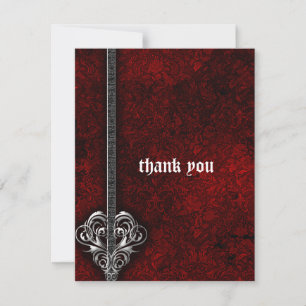 Goth Red Damask Silver Heart wedding Thank You Card
