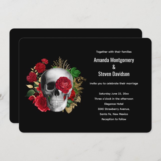 Goth Red Floral Skull & Gold Leaves Invitation (Front/Back)