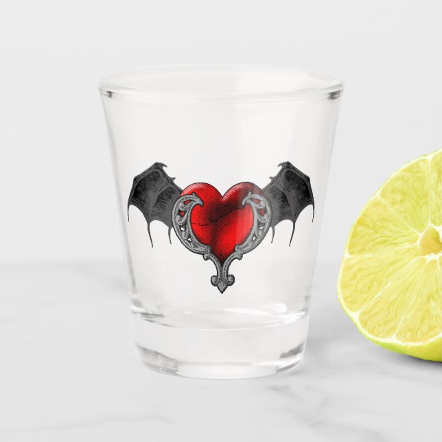 Goth Red Heart with Bat Wings Shot glass (Front)