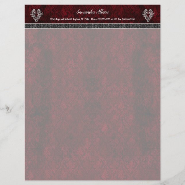 Goth Red Silver Heart Damask Custom Letterhead (Front)