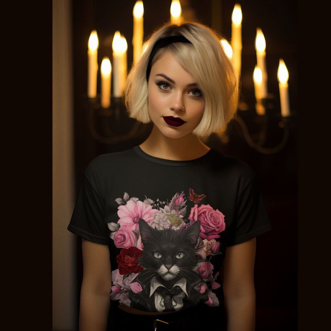 Goth Rock Cat Roses Dark Moody but Cute T-Shirt (Creator Uploaded)