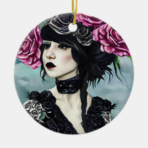 Goth Rose Girl Original art Digital painting Ceramic Ornament