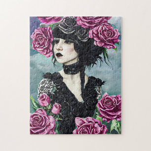 Goth Rose Girl Original art Digital painting Jigsaw Puzzle