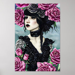 Goth Rose Girl Original art Digital painting Poster