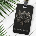 Goth rose ornament on dark background custom name luggage tag<br><div class="desc">Luggage tag featuring a metal look rose ornament on a dark background and your custom name or text.</div>