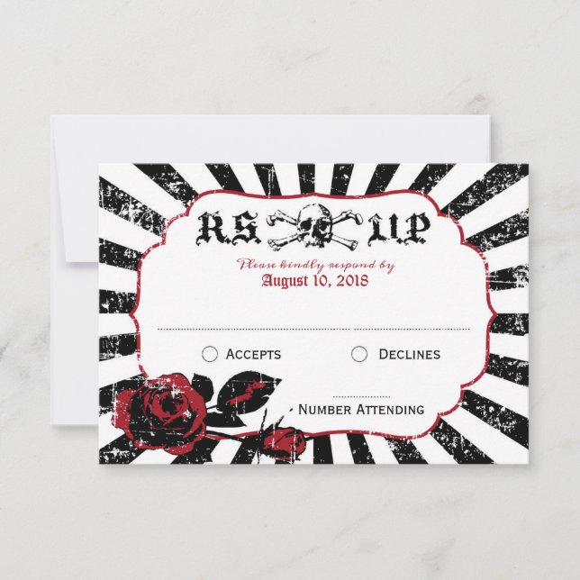 Goth Roses Skull Grunge Pirate Wedding RSVP Card (Front)