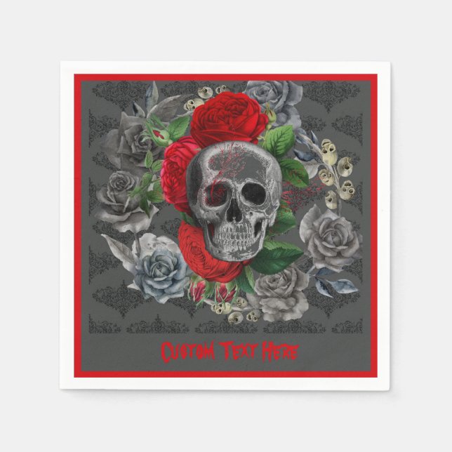 Goth Skeleton Red Roses Gothic Skull Personalised Napkin (Front)