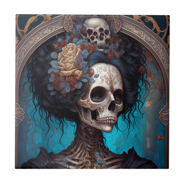Goth Skeleton Skull Woman Gothic Ceramic Tile (Front)