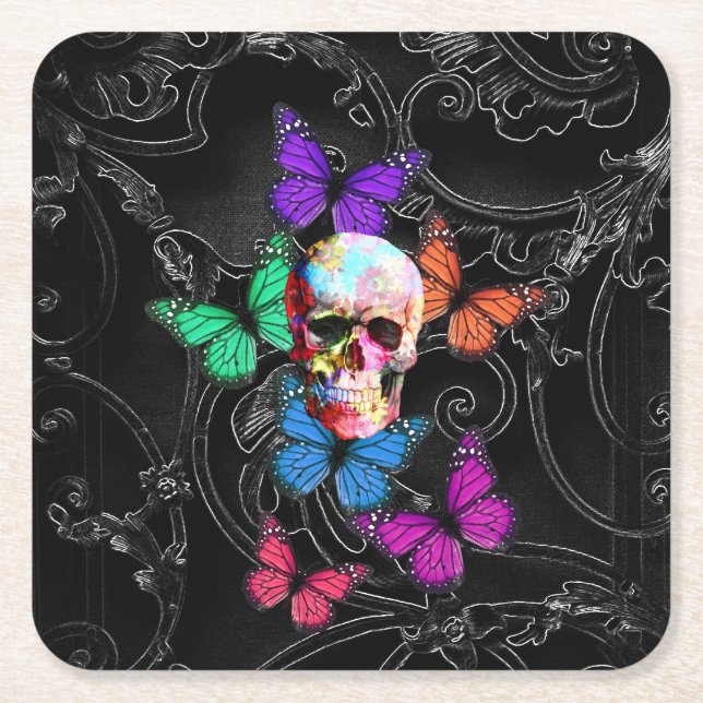 Goth skull and butterflies square paper coaster (Front)