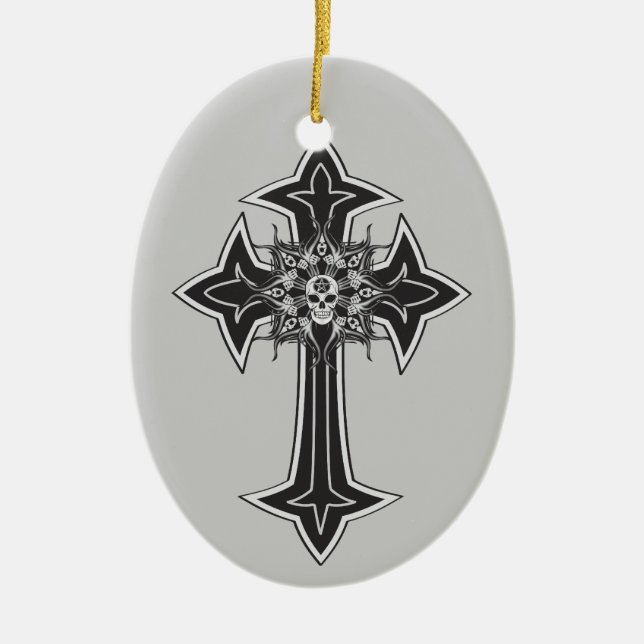 Goth Skull Cross Ceramic Tree Decoration (Front)