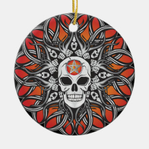 Goth Skull - Orange Ceramic Tree Decoration