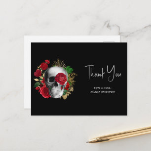 Goth Skull Red Flowers & Gold Leaves - Thank You Postcard