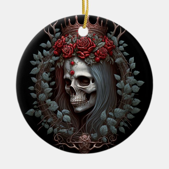 Goth Skull Roses Crown Gothic Ceramic Ornament (Front)