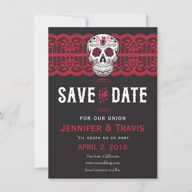 Goth Skull Swirl & Lace Wedding Save the dates Date (Front)