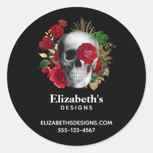 Goth Skull with Red Flowers Business Classic Round Sticker