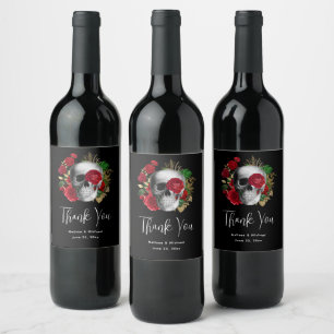 Goth Skull with Red Flowers -  Event Thank You Wine Label