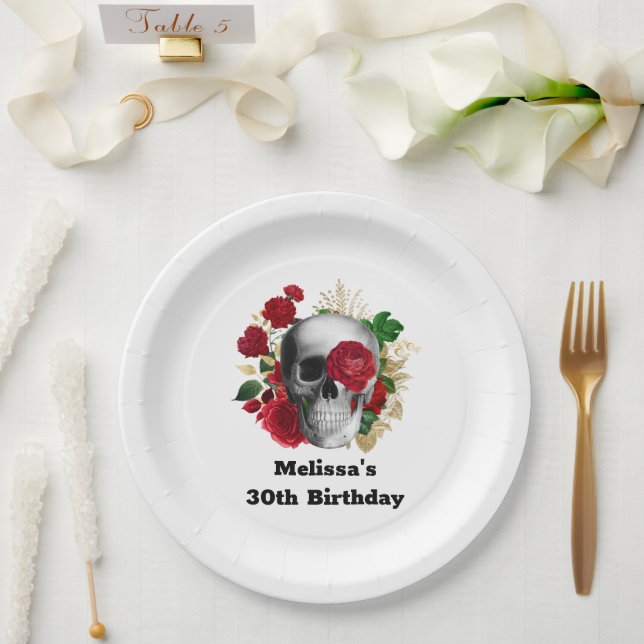 Goth Skull with Red Flowers & Gold Leaves Birthday Paper Plate (Wedding)