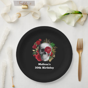 Goth Skull with Red Flowers & Gold Leaves Birthday Paper Plate