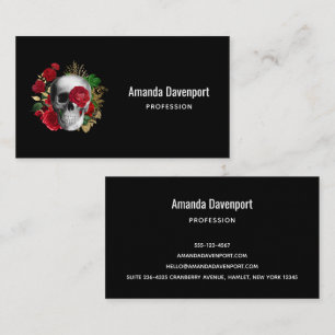 Goth Skull with Red Flowers & Gold Leaves Business Card