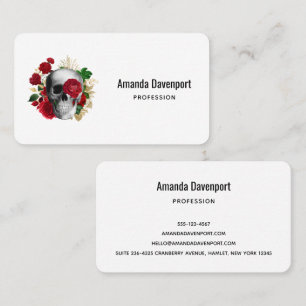 Goth Skull with Red Flowers & Gold Leaves Business Card