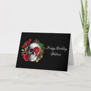 Goth Skull with Red Flowers & Gold Leaves Card