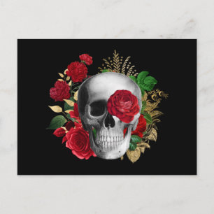 Goth Skull with Red Flowers & Gold Leaves Holiday Postcard