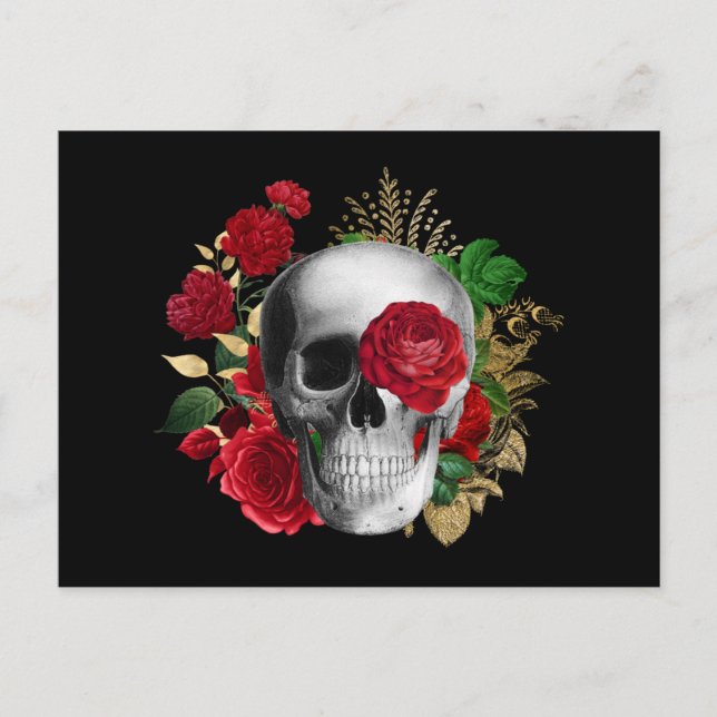 Goth Skull with Red Flowers & Gold Leaves Holiday Postcard (Front)