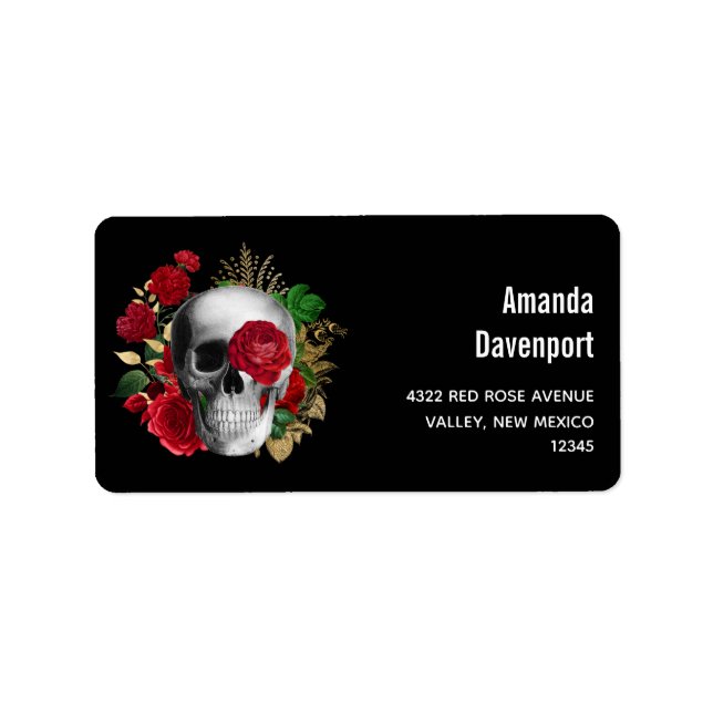 Goth Skull with Red Flowers & Gold Leaves Label (Front)