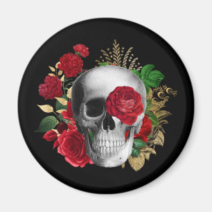 Goth Skull with Red Flowers & Gold Leaves Magnet