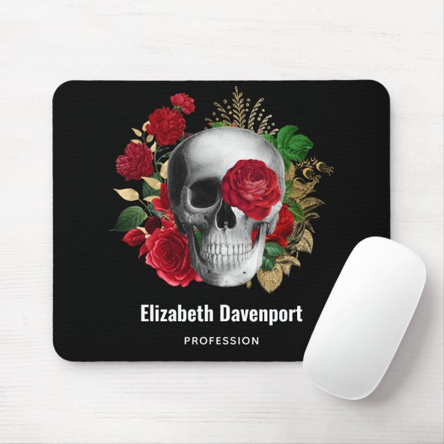 Goth Skull with Red Flowers & Gold Leaves Mouse Pad (With Mouse)