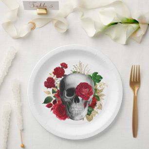Goth Skull with Red Flowers & Gold Leaves Paper Plate