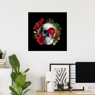 Goth Skull with Red Flowers & Gold Leaves Poster