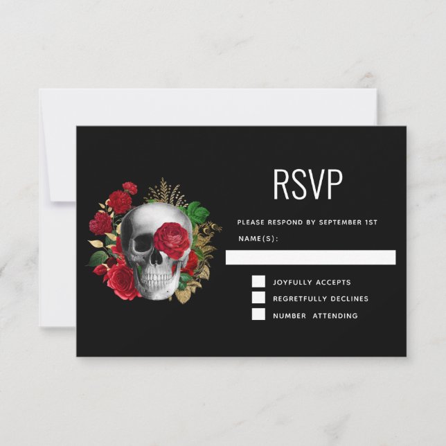 Goth Skull with Red Flowers & Gold Leaves RSVP Card (Front)