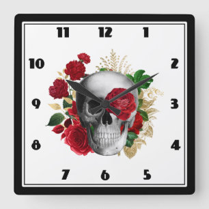 Goth Skull with Red Flowers & Gold Leaves Square Wall Clock