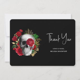 Goth Skull with Red Flowers & Gold Leaves Thank You Card