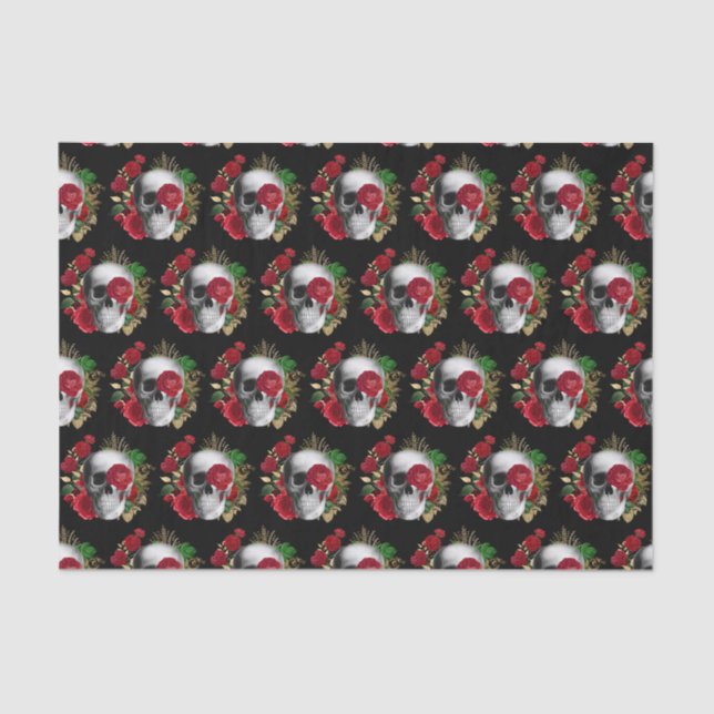 Goth Skull with Red Flowers Patterned Tissue Paper (Front)