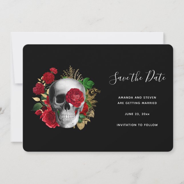 Goth Skull with Red Roses & Gold Leaves Save The Date (Front)