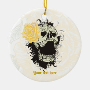 Goth skull with vintage yellow rose  keepsake ceramic tree decoration