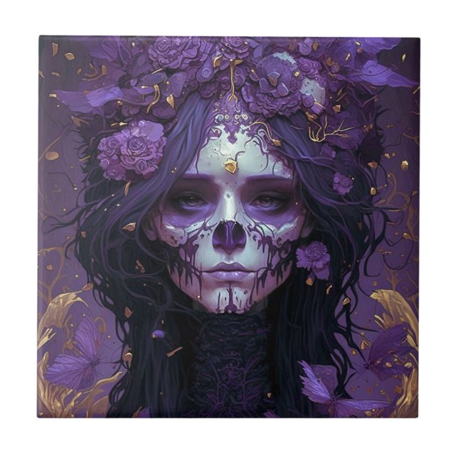 Goth Skull Woman Dark Fantasy Art Ceramic Tile (Front)