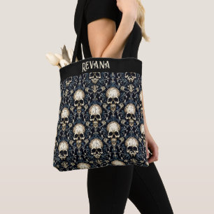 Goth Skulls and Blue Floral Tote Bag