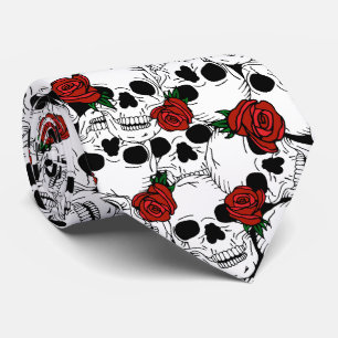 Goth Skulls and Red Roses Patterned Tie