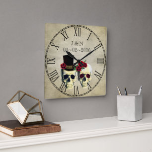 Goth Skulls Married Couple Custom Wedding Square Wall Clock