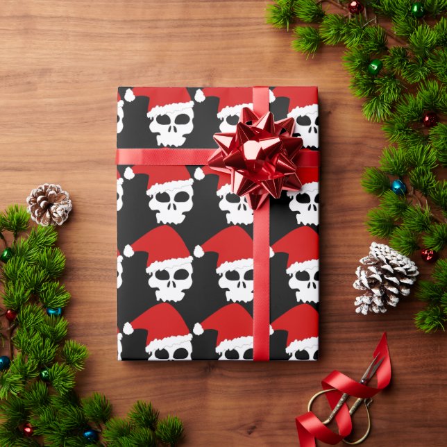 Goth Skulls Wearing Christmas Santa Hats on Black Wrapping Paper (Holiday Gift)