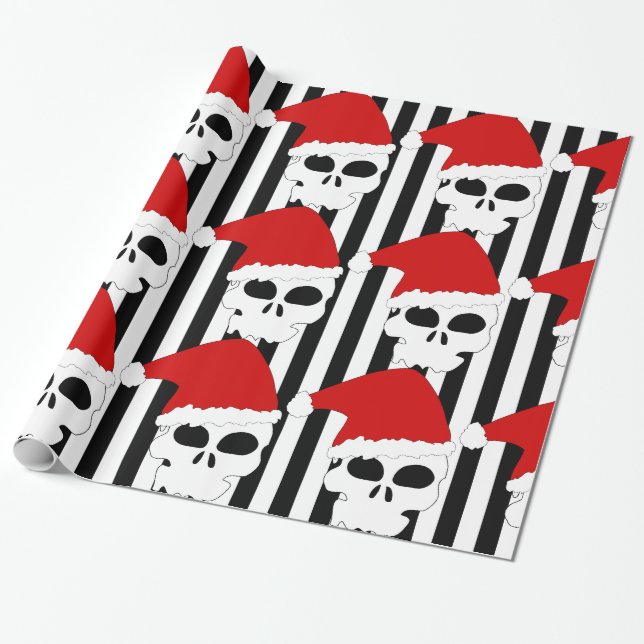 Goth Skulls Wearing Christmas Santa Hats  Wrapping Paper (Unrolled)