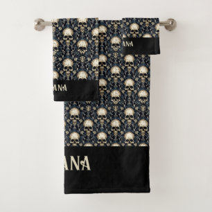 Goth Skulls with Blue Floral Bath Towel Set
