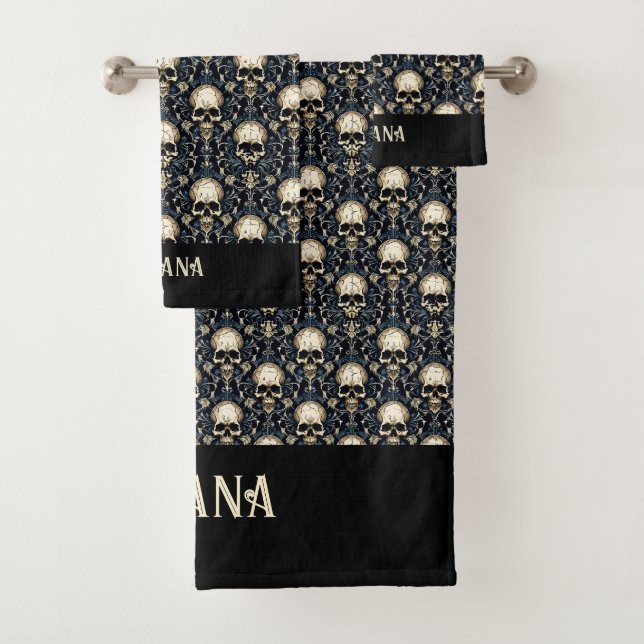 Goth Skulls with Blue Floral Bath Towel Set (Insitu)