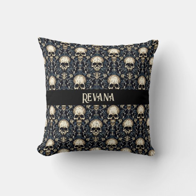Goth Skulls with Blue Floral Cushion (Front)
