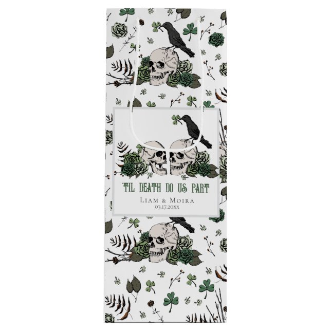Goth St. Patricks Day Floral Skulls Irish Wedding Wine Gift Bag (Front)
