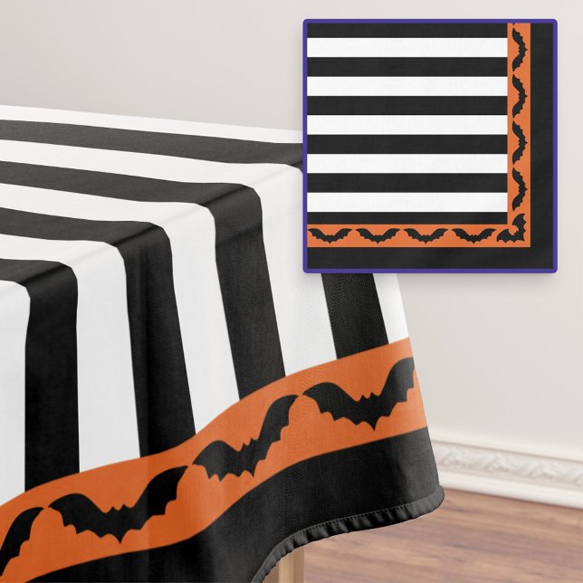 Goth Stripes Orange Bat Border Halloween Decor Tablecloth (Creator Uploaded)